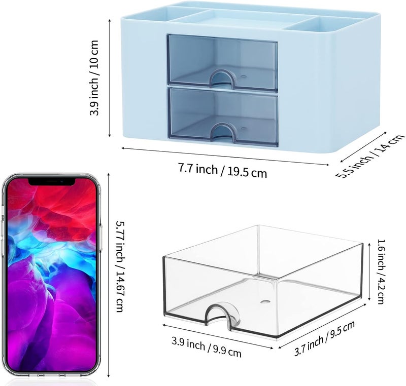 LETURE Desk Organizer with 2 Drawer, Plastic Desktop Pen Pencil Card Holder Storage Box for Desk, Office Supplies, Vanity Table Office School Home (Blue) - Image 3